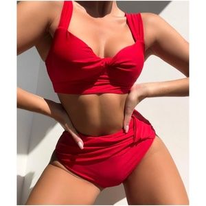 Red Twisted High Waisted Bikini Beach Swim